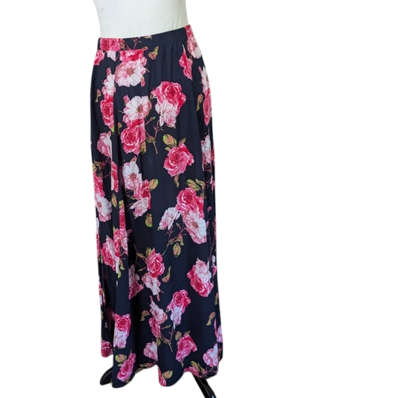 Aakka Maxi Skirt Small Floral Navy Blue and Pink with Slit Long Rayon Boho Flare - Picture 6 of 6